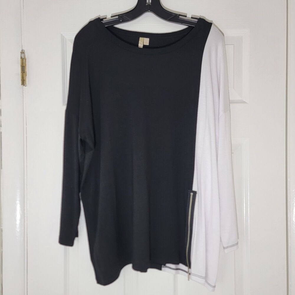 Comfy USA Modal Stretch Colorblock 3/4 Sleeve‎ Tunic Top Lagenlook White Black L